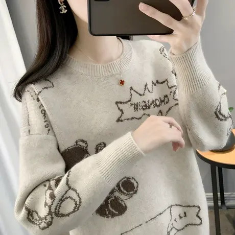 圆领毛衣女2024春季新款韩版宽松针织衫减龄提花打底衫长袖上衣潮图片