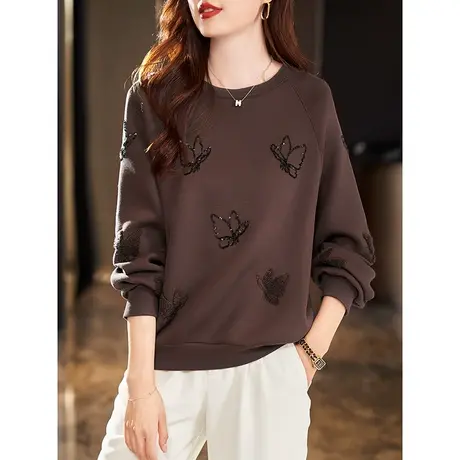 宝诗黎圆领卫衣女春秋款亮片刺绣棉质短款上衣百搭打底衫2023新款商品大图