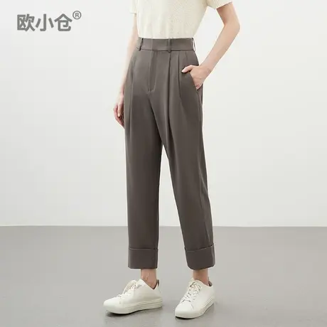 OXC/欧小仓奶茶裤双褶翻边宽松垂感休闲哈伦裤咖色质感九分奶奶裤商品大图