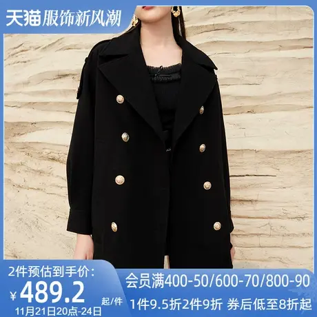 AUI黑色御姐气质宽松毛呢外套女2023冬新款高级感中长款呢子大衣商品大图