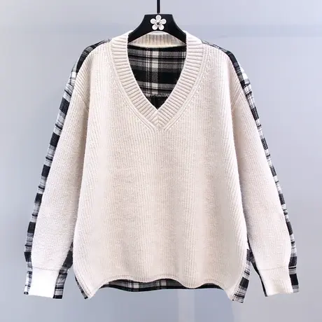 慵懒风拼接格子V领毛衣女秋冬2023新款宽松中长款休闲针织衫上衣图片