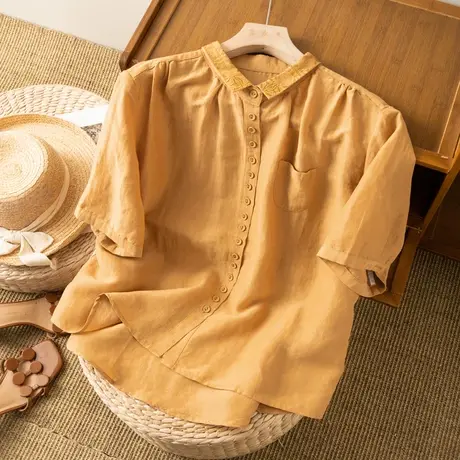 享永子短袖亚麻衬衫女文艺复古港味棉麻上衣衬衣休闲2023夏季新款商品大图
