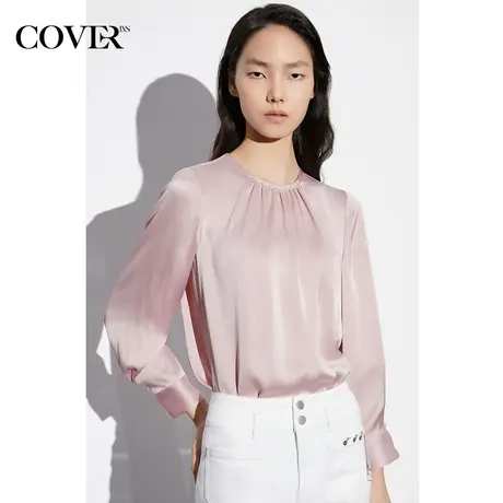 COVER春季缎面肌理褶皱灯笼袖衬衫图片