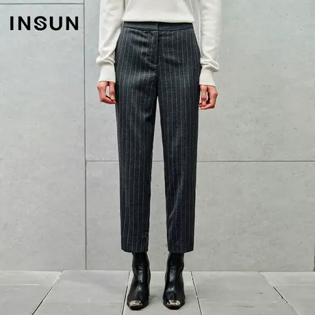 INSUN恩裳专选冬精纺羊毛弹力条纹西裤图片