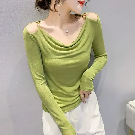 性感露肩打底衫女春秋网红设计感T恤长袖2024年新款修身气质上衣图片