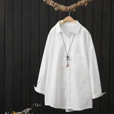 春季新款纯色长袖白衬衫女装简约宽松休闲中长款全棉衬衣外搭开衫图片