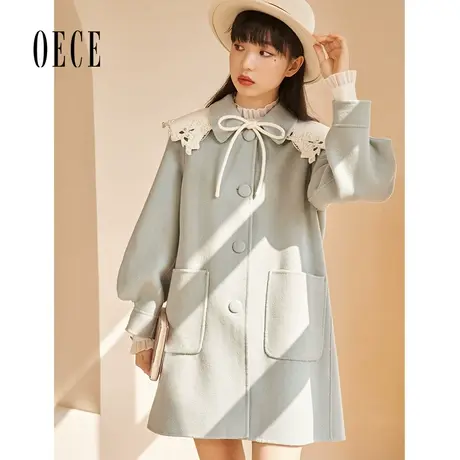 【买1送1】Oece甜美呢大衣冬新款女复古羊毛双面呢毛呢外套中长款商品大图