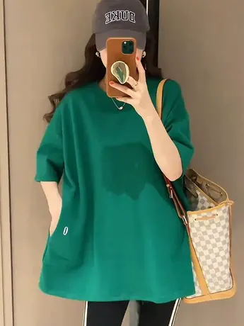 中长款粉色宽松休闲短袖T恤女夏季2023新款港味chic上衣洋气减龄商品大图