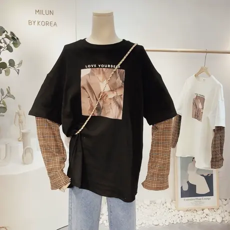 2021春款假两件套装上衣韩国东大门拼接格子衬衫长袖T恤宽松大码图片