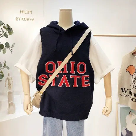 2021早春款韩国东大门针织马甲字母提花连帽毛衣马夹运动休闲大码商品大图