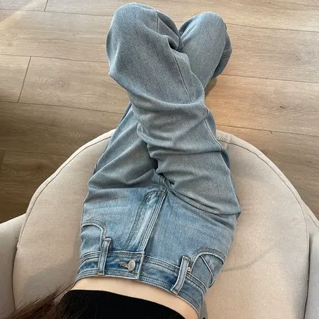 蓝色直筒牛仔裤女春秋2024年新款高腰宽松显瘦九分小个子烟管裤子商品大图