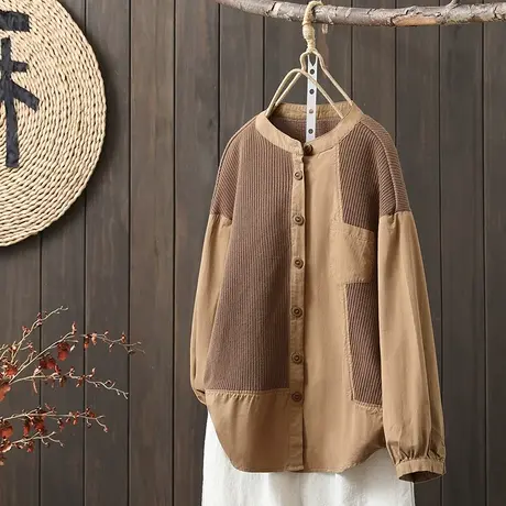 枫谜2023春季新款针织拼接圆领宽松文艺百搭韩版休闲显瘦长袖衬衫图片