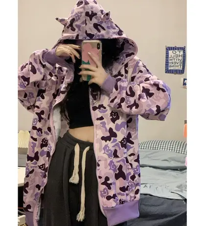 连帽卫衣女2022春秋oversize小众高街潮牌ins慵懒风薄款开衫外套商品大图