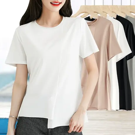 不规则不对称下摆圆领短袖t恤女棉质修身小众设计高级感上衣薄款图片
