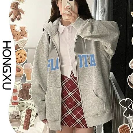 红续冬季学院风外套卫衣加厚保暖2023小众设计印花抽绳上衣开衫潮图片