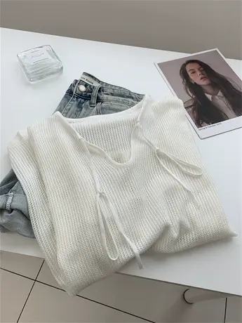 仿亚麻冰丝V领镂空针织防晒罩衫女2023早秋宽松百搭慵懒风长袖T恤商品大图