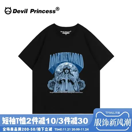 欧美风高街超火黑色t恤女oversize夏季宽松大版小众潮牌半袖上衣商品大图