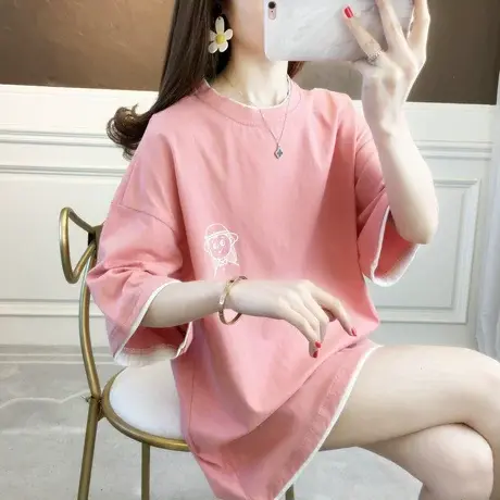 网红ins超火短袖t恤女夏韩版宽松设计感小众中长款假两件上衣服潮商品大图