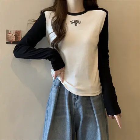 洋气减龄拼接撞色长袖T恤女初秋修身小个子短款内搭插肩袖上衣服商品大图