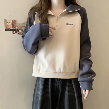 复古港味chic拼色插肩袖卫衣女春秋薄款宽松POLO领立领半拉链上衣商品大图