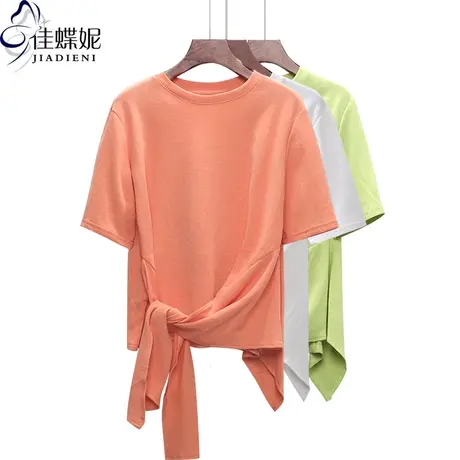 夏新款韩版纯白圆领宽松休闲绑带小心机短袖体恤上衣内搭女打底衫图片