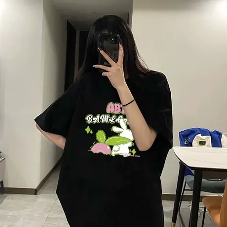 夏季上衣女设计感大码oversize高街风黑色t恤ins潮牌纯棉洋气短袖商品大图
