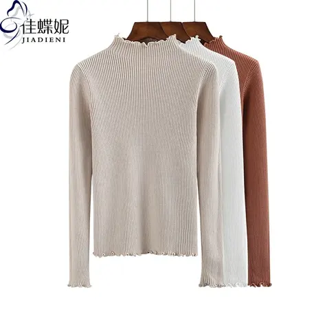 秋冬新款版半高领修身荷叶边长袖体恤显瘦内搭女打底衫针织衫上衣商品大图