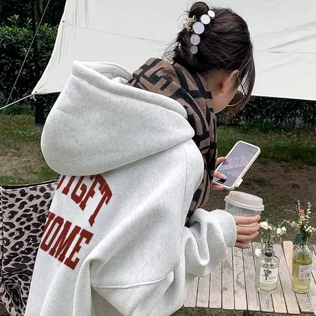 灰色慵懒风外套女vintage美式大码加绒连帽卫衣ins潮韩版冬季上衣商品大图