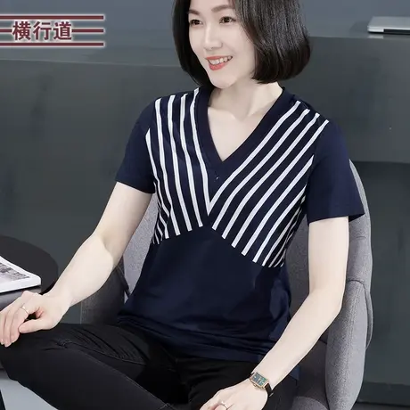 2025夏季新款简约设计感撞色V领拼条纹短袖T恤女装大码外穿上衣服商品大图