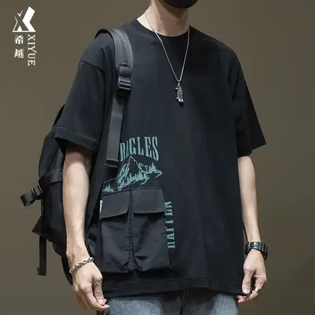 希越潮流个性口袋短袖T恤男夏季重磅纯棉大码宽松休闲半袖上衣潮商品大图