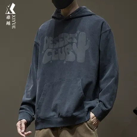 希越纯棉500g重磅卫衣男秋冬季发泡印花连帽外套宽松大码美式复古商品大图