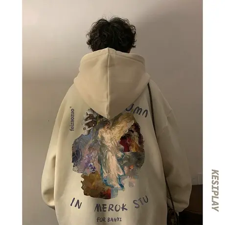 oversize美式复古卫衣男生春秋重磅衣服连帽外套高街潮牌2023新款商品大图