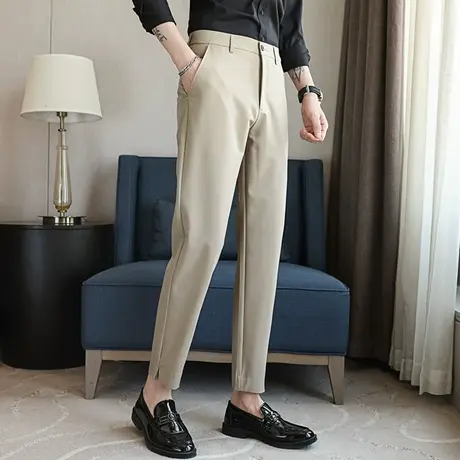 锥形修身开叉西装裤男9分春夏薄款休闲百搭显瘦弹力垂感九分裤子图片