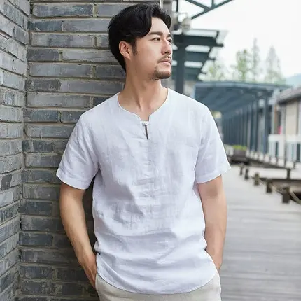 萨法瑞断码99元/件圆领t恤男中国风亚麻夏季短袖男士复古体恤衫商品大图