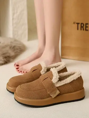 加绒女鞋厚底一脚蹬豆豆鞋2023新款冬季保暖勃肯鞋博肯棉鞋乐福鞋图片