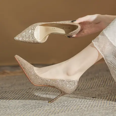 2024年春夏季新款气质高跟鞋女细跟浅口尖头水晶性感伴娘宴会单鞋图片