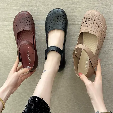 老北京布鞋女真皮凉鞋夏季透气妈妈鞋一字带单鞋软底防滑奶奶皮鞋图片