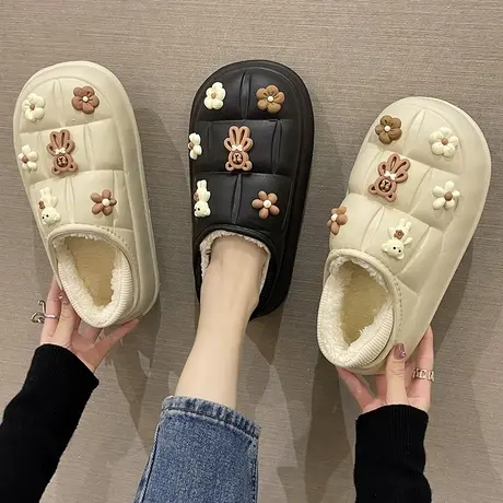 防水棉拖鞋女冬季可爱立体小熊室内外穿包跟加绒保暖厚底防滑棉鞋商品大图