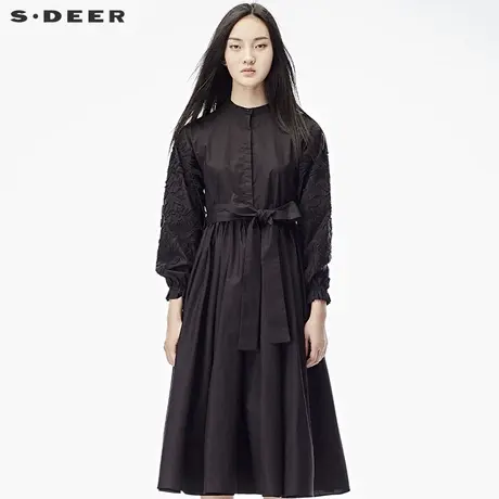 sdeer圣迪奥女2018秋装复古绣花圆领系带百褶高腰连衣裙S17381289图片