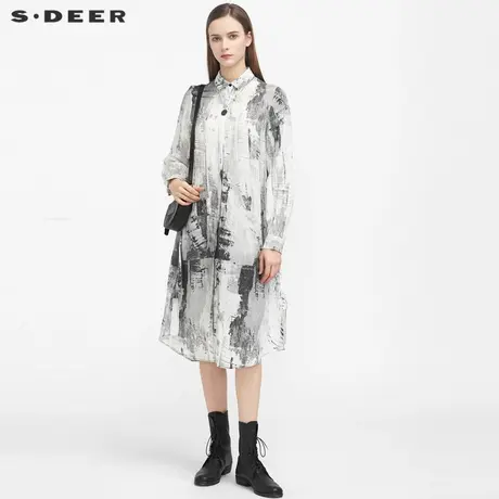 sdeer圣迪奥春秋女装休闲翻领水墨晕染开衩长款亚麻衬衫S21180516图片