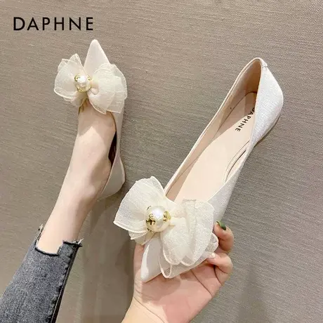 达芙妮法式平底鞋女2021新款夏粗跟婚纱仙女鞋温柔大蝴蝶结婚鞋图片