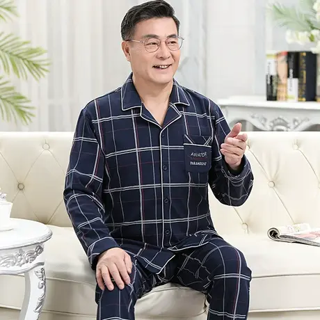 男款春秋季长袖纯棉睡衣中老年爸爸男士加大码开衫全棉家居服套装商品大图