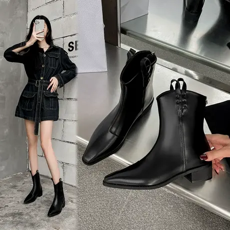 法式小短靴女2023新款秋冬粗跟尖头V口弹力瘦瘦靴黑色百搭短筒靴商品大图