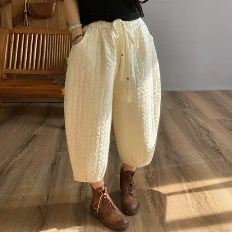 dza 高腰显瘦宽松阔腿裤子女冬外穿格子棉裤百搭直筒裤纯色抽绳裤图片