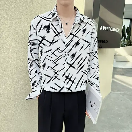 重磅个性复古条纹印花长袖衬衫男2023春秋季宽松潮流休闲衬衣外套商品大图