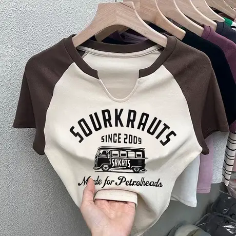 美式甜辣妹性感上衣小个子短款复古印花体恤修身显瘦短袖t恤女夏商品大图