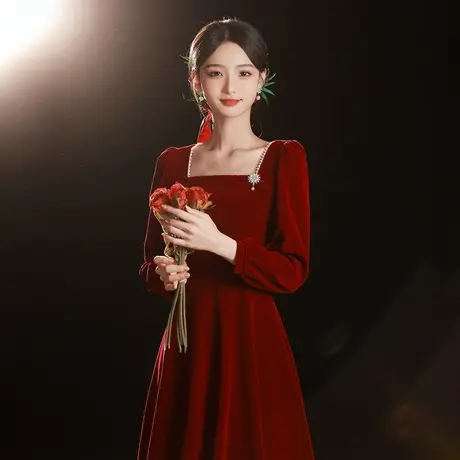 敬酒服新娘2023新款秋季长袖酒红色丝绒礼服女冬季订婚连衣裙长款商品大图