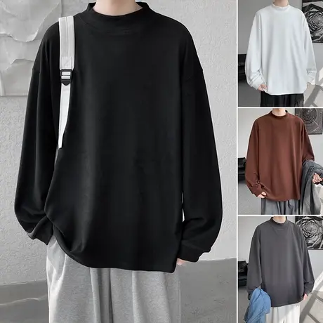 半高领德绒长袖t恤男秋冬季2023日系简约纯色内搭休闲打底衫上衣商品大图