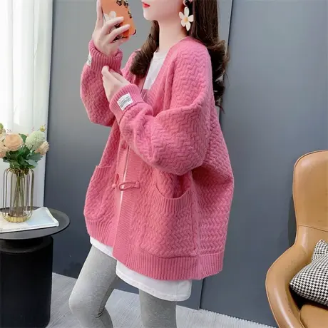 牛角扣毛衣外套女2024年新款春秋宽松慵懒风加厚外穿针织开衫上衣商品大图