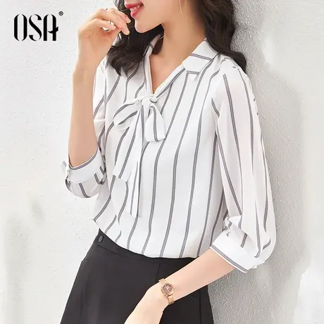 OSA七分袖条纹雪纺衫上衣女夏季2021年新款洋气减龄遮肚小衫显瘦商品大图